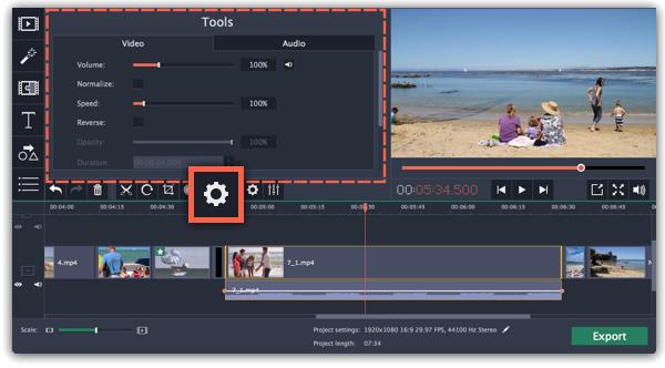 Once you have used the adjustments, the clip will be marked with a star icon, denoting applied tools or filters: Video properties To open the clip properties for a video or image, select the clip on