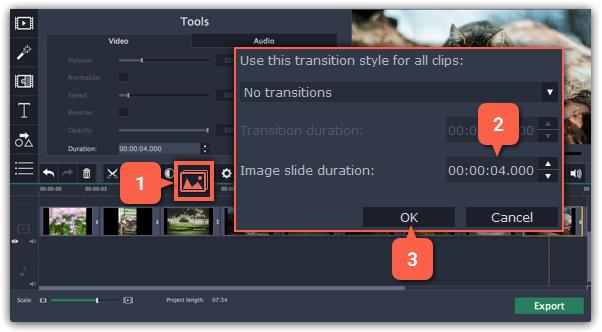 If you don't want to use transitions to join your clips, select No transitions in the box at the top. Step 3: Click OK to set all the images to the selected length.