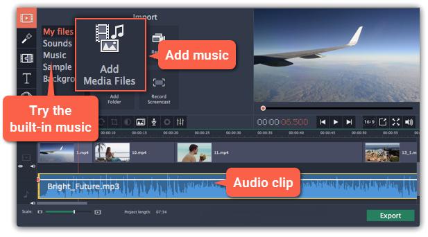Editing audio Add audio To add music or other sounds to your project, open the Import tab and click Add Media Files.