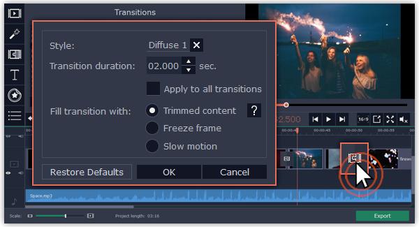 3. Click OK to apply the changes. Transition mode In the Transition Properties window you can choose mode of transition.