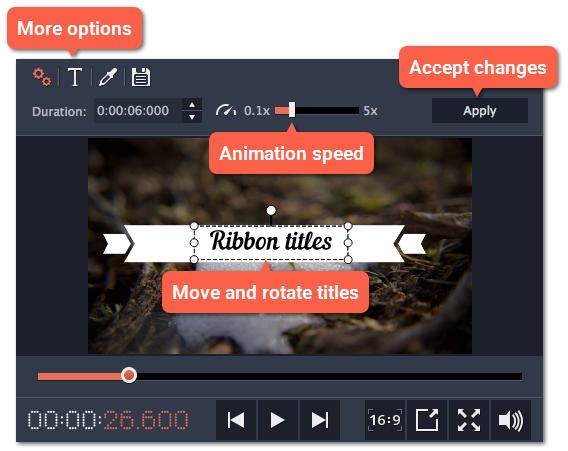 Click the cogwheel icon at the top of the editing panel to see title clip properties. Here, you can change the duration of the titles and animation speed (how fast they will appear or disappear).