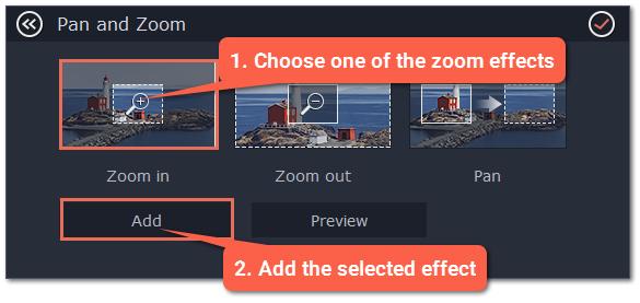 Set the beginning zoom and the end zoom using the frames in the player, and the camera will smoothly move from one frame to the other. Step 1: Open the Pan and Zoom tool 1.
