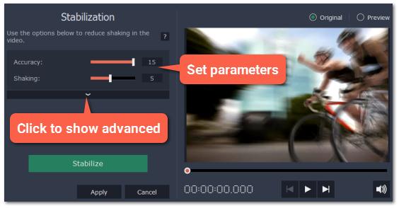 Higher accuracy yields the best results, but also takes more time. Shaking: set how strongly the shaking is visible on the video. If you need more advanced settings, click the arrow under the sliders.