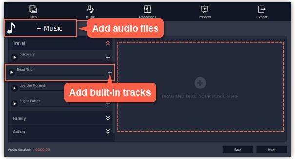 These audio tracks are royalty-free so you can upload these videos to YouTube and other services. To use one of the built-in tracks, click the + button.