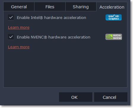 Enable Intel hardware acceleration Accelerates video processing by up to 400% when working with H.264 and MPEG-2 video codecs.