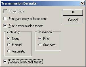 In the Transmission Defaults dialog box, configure the desired default settings for outbound fax transmission. 3.