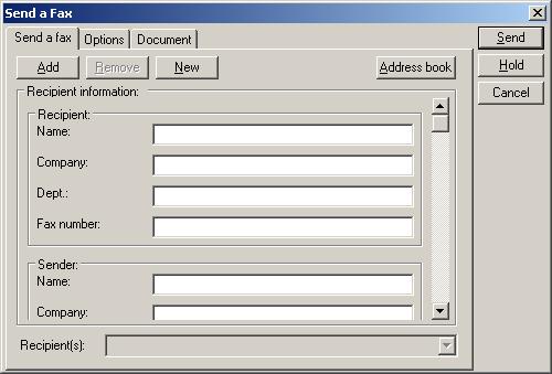 2. The Send a fax tab contains various fields, including sender, recipient, subject, and note.