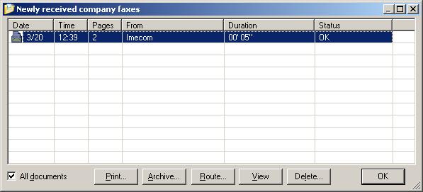 Click on the Fax Received item in the Task Bar to open the fax client interface and view the received fax. 2. A list of newly received faxes displays.