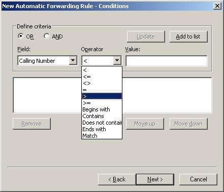 At the Conditions screen, you can specify the conditions that will cause DM Fax Server to execute the Automatic Forwarding Rule.