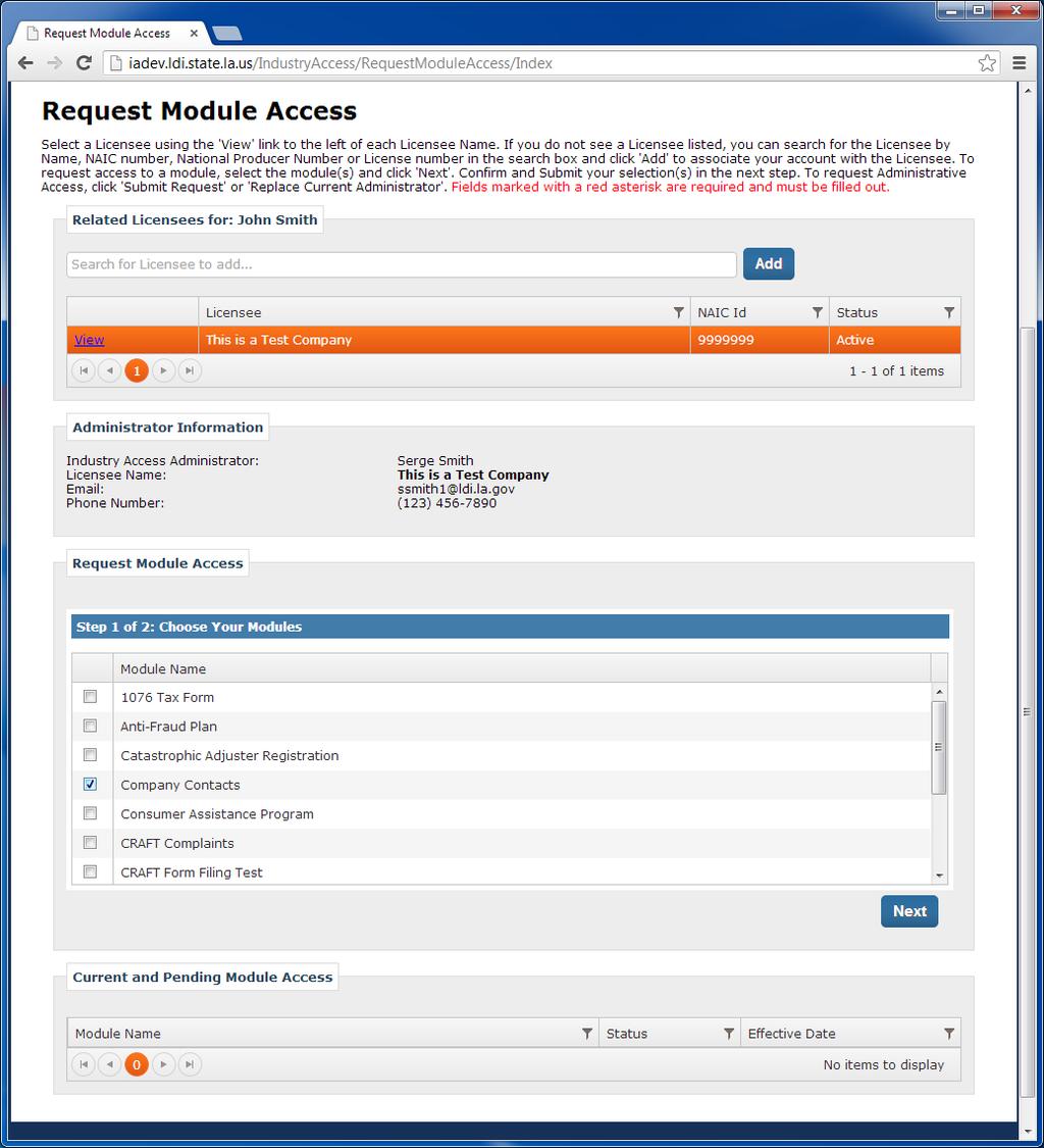 The modules available for the selected licensee will be displayed in the Request Module Access wizard.