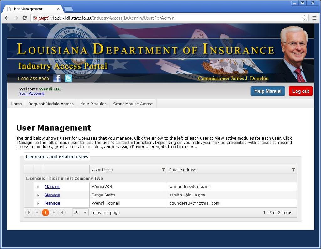 User Management The User Management screen displays all licensees for which you have IAAA or Power User status. Users with access to modules for a licensee will be grouped by that licensee.