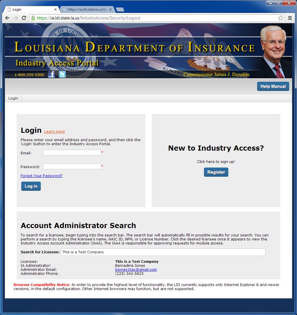 Search for an Industry Access Account Administrator You can view the Industry Access Account Administrator for a licensee from the Login screen.