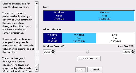 Figure 1.8 Resizing the Windows Partition If you leave this dialog by selecting Next, the settings are stored and you are returned to the previous dialog.