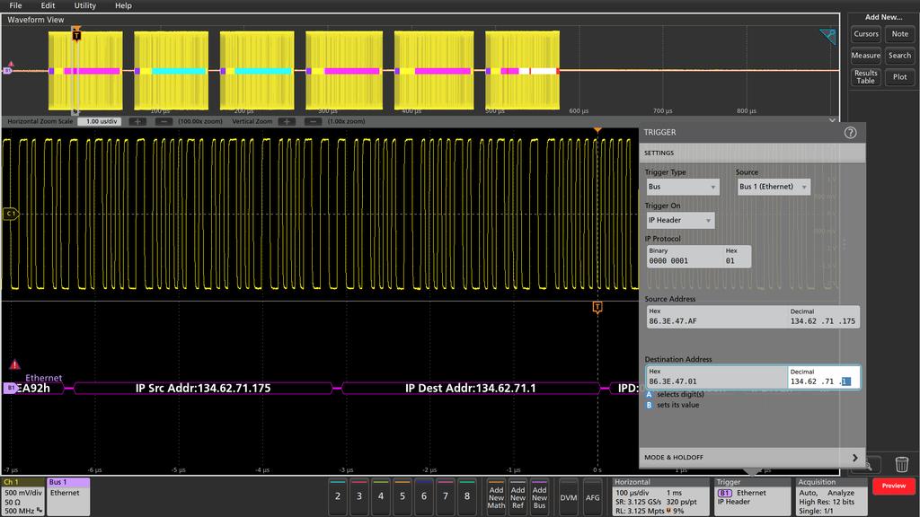 TRIGGERING ON THE 10BASE-T ETHERNET BUS The automated analysis on the oscilloscope can be configured to isolate, capture and display specific values on the bus.