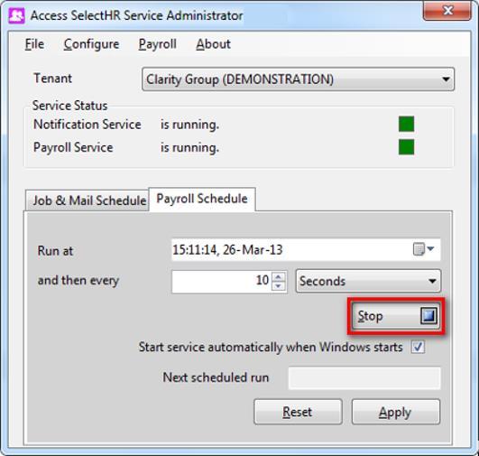 Click the Stop button on both the Job and Mail Schedule and Payroll
