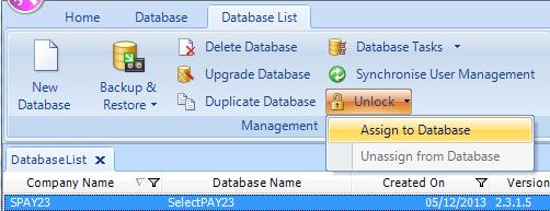 16. You will then need to reassign the Unlock Key to the database before you try to log in. To do this, highlight the database in the list and click on the Unlock icon.