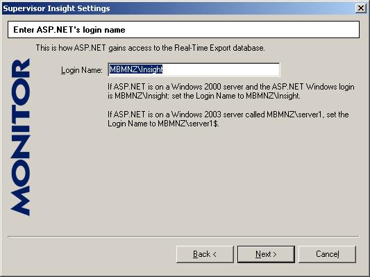 Next, you will be prompted to select the Real-Time Export SQL server, instance, and database names: Next, you must enter the name of the account under which ASP.
