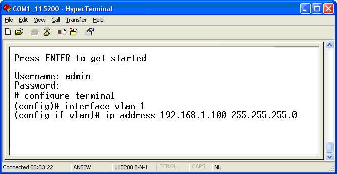 Chapter 2: Console CLI management Configure the IP address At the # prompt, enter the following command and press Enter.
