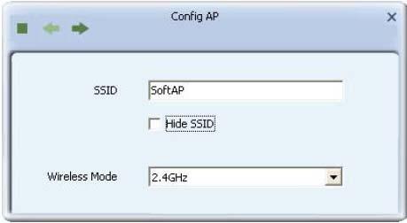 4.2.2.1 Config AP Click Config AP button from the above window, a setup window will popup. SSID: Enter a name of SSID for Soft AP.
