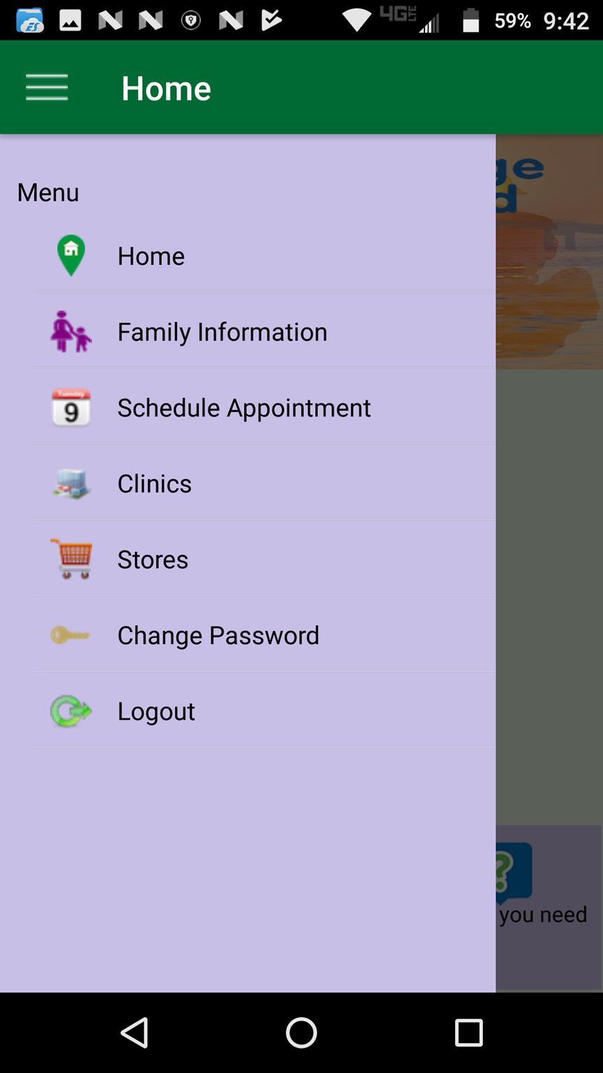Appointment What will you need Home Menu displays the following options: