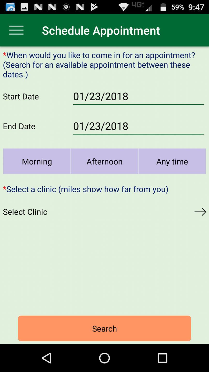 Schedule Appointment View details on upcoming appointments. The Appointments screen displays: The clinic where the appointment is scheduled, including telephone number and address.