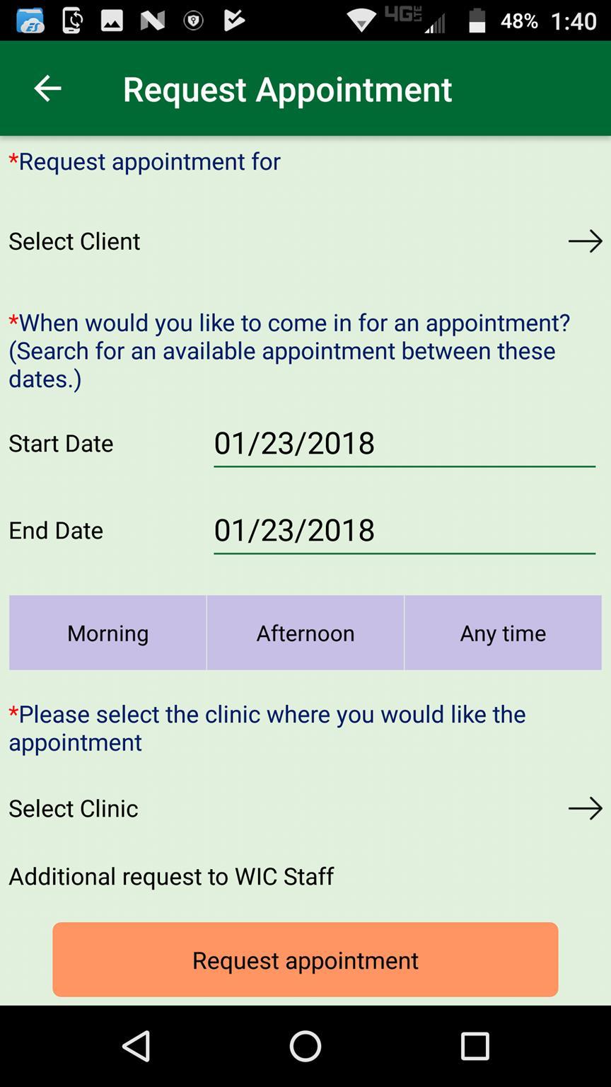 Appointments Request for an Appointment from this screen :