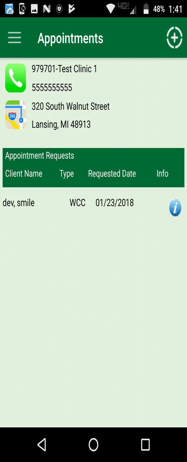 View details on upcoming appointments. The Appointments screen displays: The clinic where the appointment is scheduled, including telephone number and address.