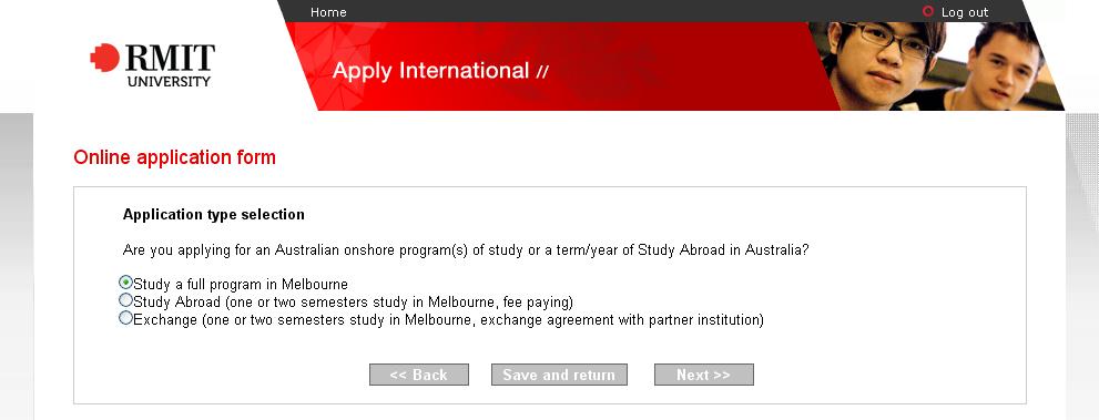 Part C: Application Type Selection This page allows you to select the mode of study for the applicant.