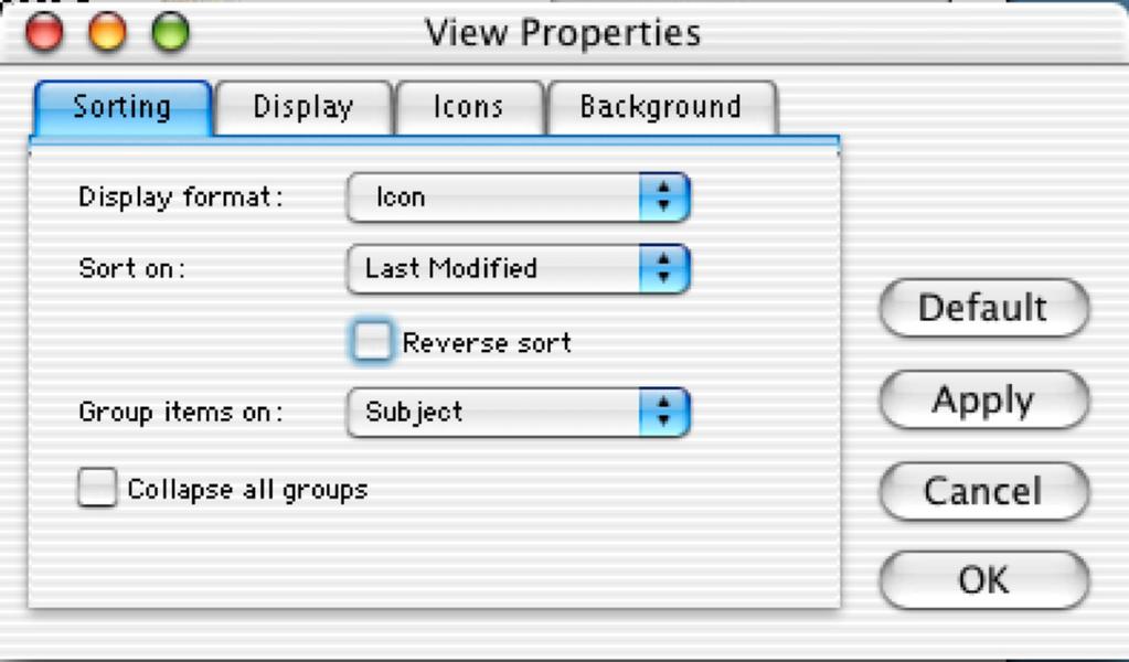 View View by Icon, View by Scaled Icon, View by List Sets the view on the window that is currently open.