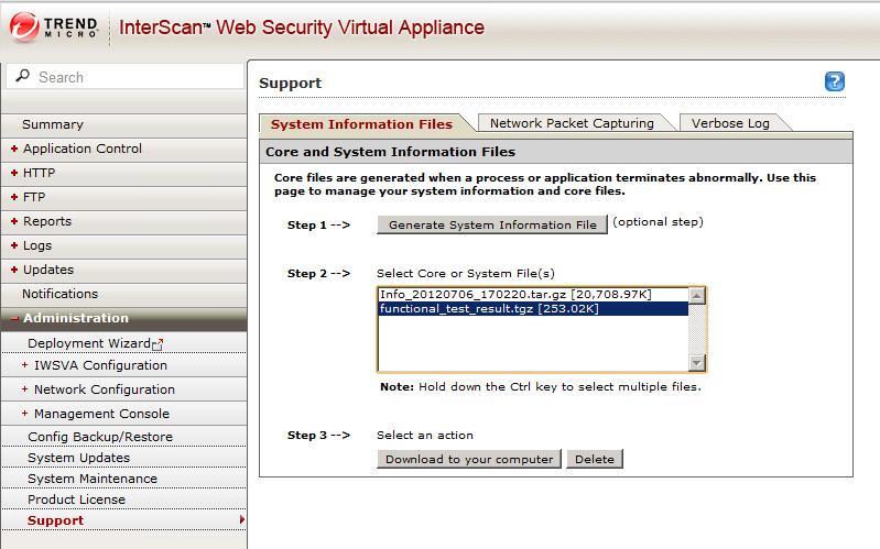 InterScan Web Security Virtual Appliance 6.0 Hardware Certification Guide A file named functional_test_result.tgz will be listed in the Select Core or System File(s) text box, as shown in Figure 6-4.