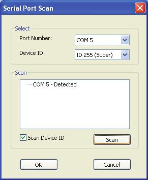 2 Scan: Choose COM port number and Device ID for scan. Then tick Scan Device ID and press Scan button to know which COM port is connected based on this Device ID.