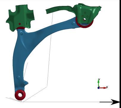 Fg.3: The LS-Dyna model of the nonlnear load case of the control arm. A prescrbed dsplacement s appled to the chan.