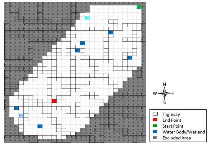78 Fig. 5.7. Bois D'arc Reservoir to Leonard Reservoir - exclusion zones The graph pruning algorithm was run for both sections using the water bodies and wetlands as exclusion zones.