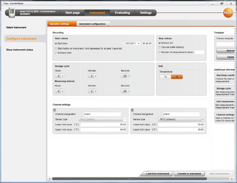 5 Using the product 5.4. Configure instrument The instrument is connected with testo Comfort Software Basic 5 and is displayed in the status bar, see Connect instrument page 9.