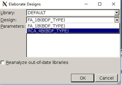 Then, we click Add, and select ALL VHDL files that have appeared. Click OK to analyze designs. Add both RCA_4b.vhd and FA_1b.vhd. Figure 3.