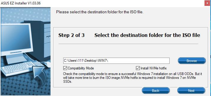 - Select the folder to save the modified Windows 7 installation ISO file and click Next. Tick Install NVMe hotfix if needed. - Once completed, click OK to finish.
