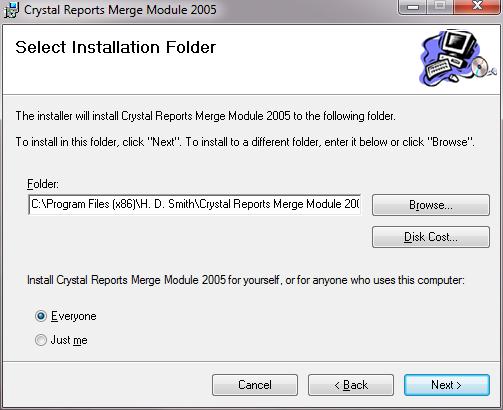 9. The Crystal Reports Merge Module 2005 window will appear as shown below.