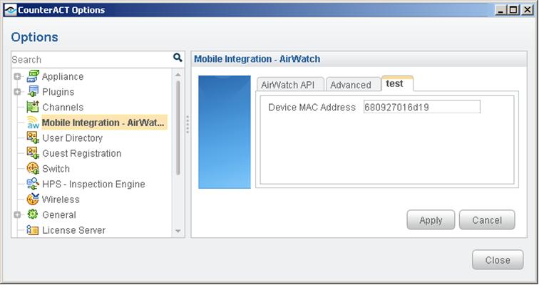 2. In the Device MAC Address field, type the MAC address of the device to test module communication with the AirWatch service. Do not enter colons. Use lower case alphanumeric characters.