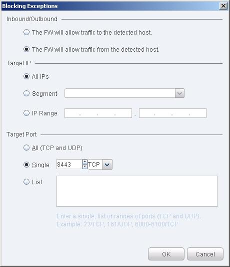 To configure virtual firewall actions: 1. Open a rule of the policy. Select the Virtual Firewall action, and select Edit. The Virtual Firewall action dialog box opens. 2.