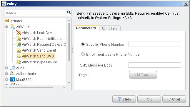 AirWatch Send SMS Action This action allows you to send an SMS to a device.