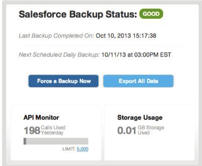 Managing & accessing backups Salesforce Backup Status Image 7: Salesforce Backup Status section of the administrative dashboard From within the Salesforce Backup Status section of the administrative