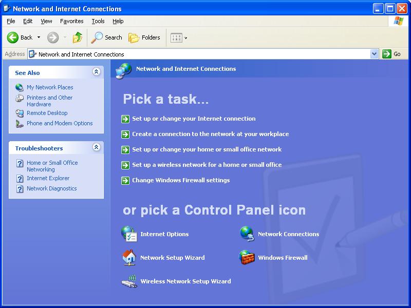 For Category View, click on Network and Internet Connections, then click on Network Connections under or pick a Control Panel icon.
