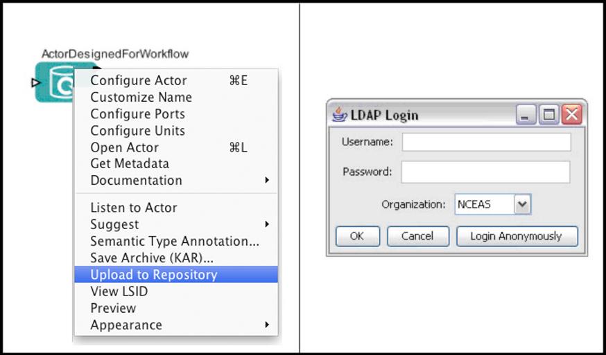 Chapter 5 Figure 5.27: Uploading actors to the Kepler Repository. Right-click the actor and select the Upload to Repository menu item (left).