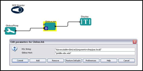 Chapter 7 Figure 7.39: Using the GlobusJob actor to execute a command on a remote Globus server by Pre-WS GRAM way. The workflow in Figure 7.39 uses actors to connect to a Globus host named griddle.