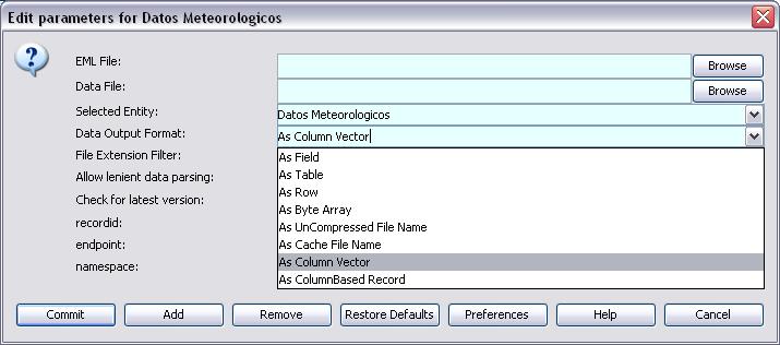 The data set used by the workflow in is described by EML metadata, and so the EML2Data set actor is used to access the data.