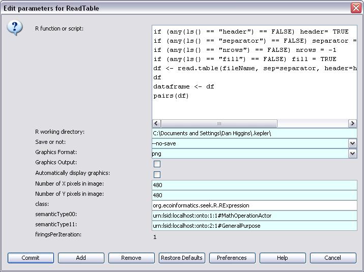 Chapter 8 Figure 8.23: The ReadTable actor parameters. By default, the actor assumes that the first row of the data file contains column names (e.g., "Date", "Occurrence", etc).