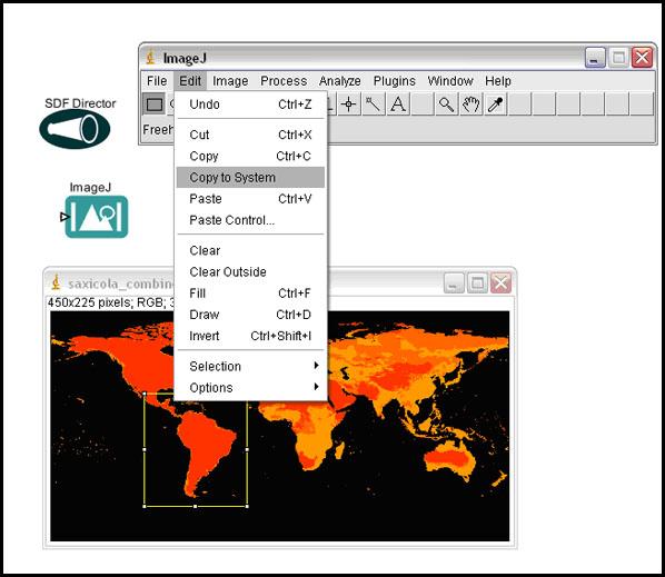 Chapter 8 Figure 8.31: Copying a selection to the system clipboard using the ImageJ toolbar. Note that the ImageJ toolbar has a context-sensitive status area (Figure 8.32).