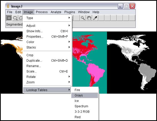 Chapter 8 Figure 8.34: Using the Image > Lookup Table menu to customize the look and feel of a displayed ASC grid file.