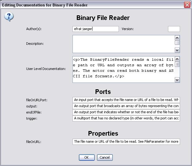 Chapter 3 Figure 3.6 Editing actor documentation. Documentation content can include links to external web pages (which will open in a Kepler viewing window) and HTML formatting (<b>, <tt>, <li>, etc).