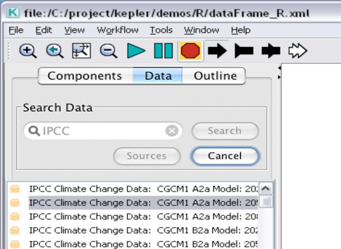 Chapter 4 Figure 4.15: Searching for IPCC climate data sets stored on the EarthGrid. The example workflow can be used to convert any historical IPCC data set.